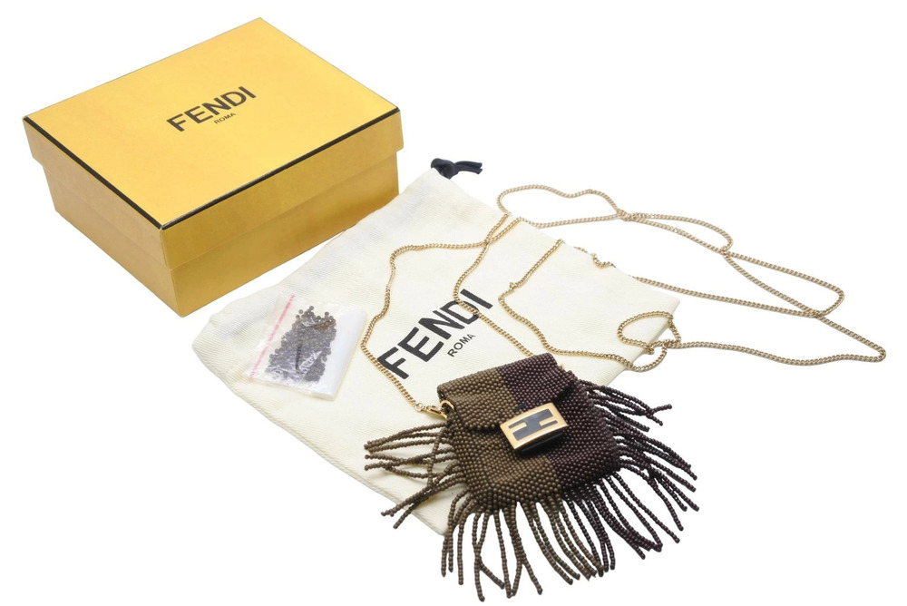 Fendi Pouch Clutch Air Pods case chain beaded brown green